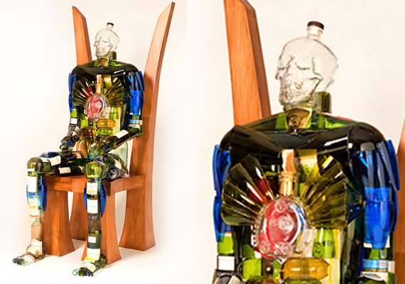 Sculpture made from recycled wine bottles. Chair made from stained maple wood.